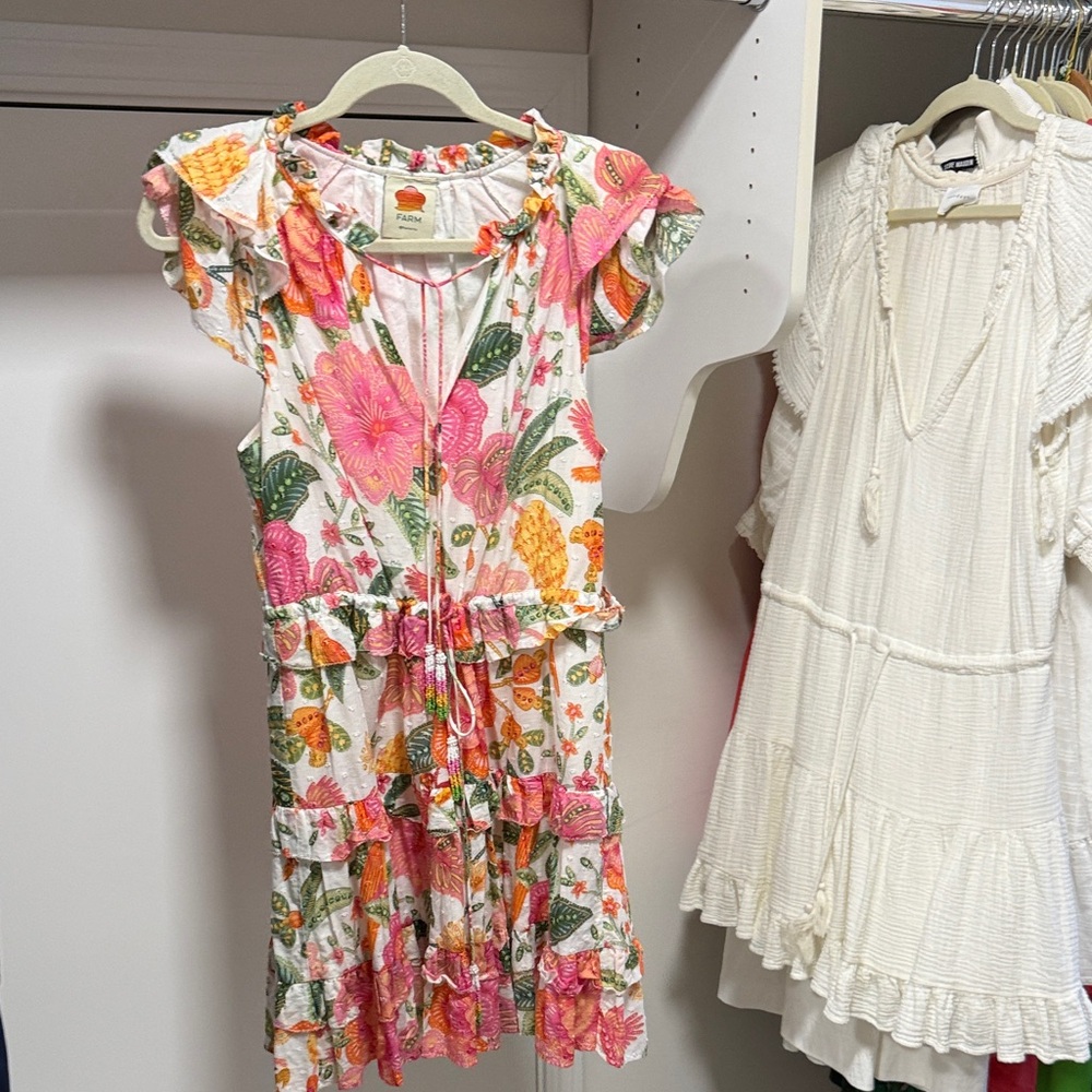 Farm Rio Bright Floral Ruffle Tiered Dress - Pink & Green Print. Size M